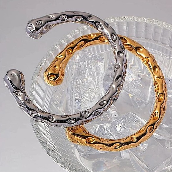 "Hammered Gold Plated Contour Bangle, Unique Stainless Steel Cuff, Trendy - Picture 11 of 12
